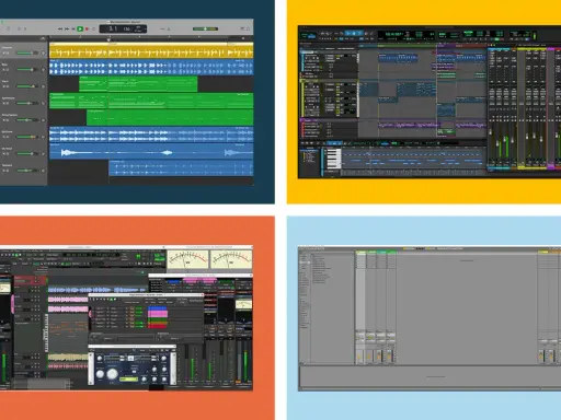 Quatre interfaces de logiciels de production musicale, dont GarageBand, Pro Tools, et Ableton Live. Idéal pour un daw gratuit pour débutant.