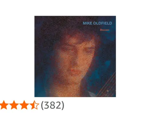 Couverture de l'album "Discovery" de Mike Oldfield, avec un portrait abstrait et des étoiles de notation.