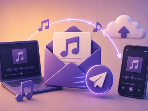 Ordinateur, smartphone, enveloppe et nuage symbolisent l'enregistrement sonore et l'édition musicale, avec des notes de musique flottant.