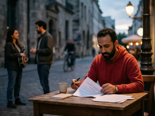 Un homme signe un contrat de distribution musique à une table en extérieur. Au loin, un couple discute, l'un tenant une guitare.