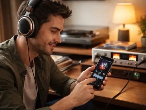 Un homme souriant écoute de la musique avec un casque, naviguant sur son téléphone pour promouvoir sa musique gratuitement.