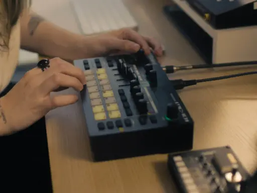 Main d'une personne manipulant une console de musique, un pas vers comment trouver un producteur de musique.