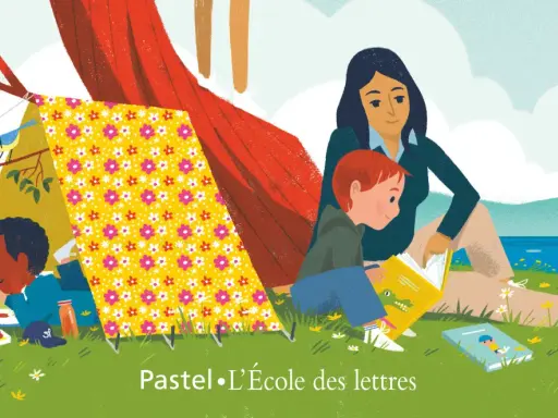 Une femme lit à des enfants près d'une tente. Une scène paisible qui invite à la critique d'album.