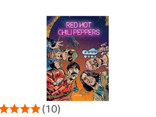 Illustration des Red Hot Chili Peppers, avec le nom du groupe en néon. Les membres sont représentés de manière stylisée, avec des palmiers en arrière-plan.