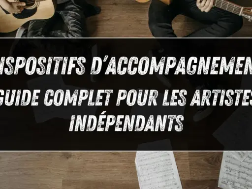 Guide pour les artistes indépendants sur le publishing musique. Des partitions et des guitares suggèrent une carrière musicale.
