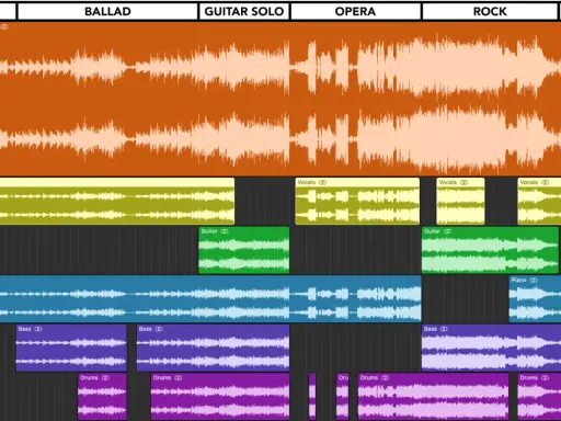 Exemple de structure musicale : découpage des pistes de "Bohemian Rhapsody" (voix, guitare, piano, basse, batterie) par section (intro, ballade, solo, opéra, rock, outro).