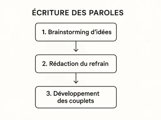 Schéma de l'écriture des paroles : brainstorming d'idées, rédaction du refrain, puis développement des couplets.