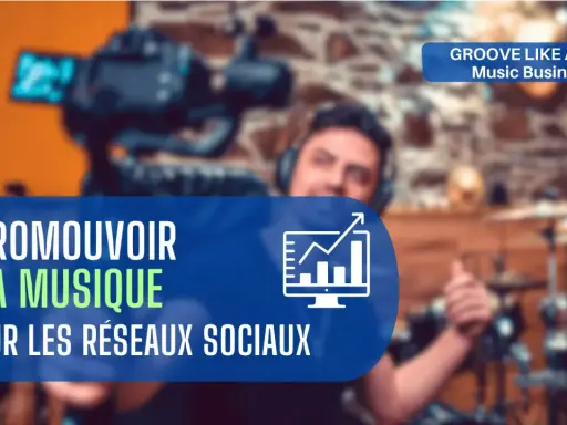 Un musicien utilise un appareil photo pour promouvoir sa musique sur les réseaux sociaux. L'image montre un écran avec un graphique de croissance.