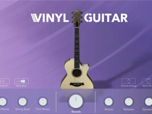 Interface d'un vst guitare gratuit "Vinyl Guitar" avec une guitare acoustique et des contrôles de son.