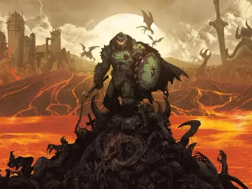Le guerrier, tel un roi femme, se dresse sur un tas de crânes et de démons, dans un paysage infernal de lave et de ruines.