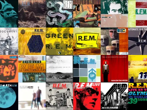 Une mosaïque d'albums de R.E.M., incluant "Out of Time", "Monster" et "Automatic for the People".