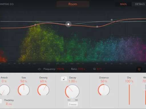 Interface de contrôle pour la **reverb définition musique**. Graphique de fréquence avec des points colorés et des curseurs pour ajuster les paramètres d'effet.