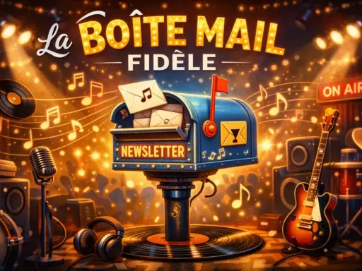 Boîte aux lettres "La Boîte Mail Fidèle" remplie de lettres, sur fond de scène musicale avec guitare, vinyles et notes de musique.