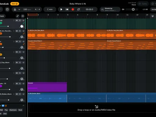 Interface de création musicale en ligne avec pistes audio et MIDI superposées, incluant des boucles de piano et de pad.