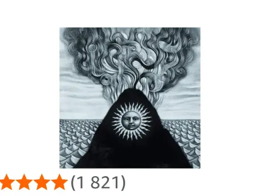 Montagne de magma gojira crachant des volutes de fumée, visage solaire au centre, sur une mer d'écailles.