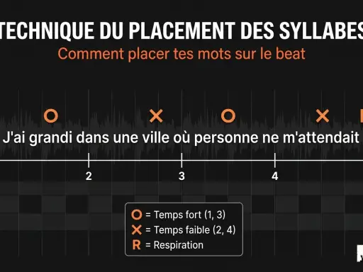 Apprendre à rapper : une illustration montre comment placer des syllabes sur un beat, avec des symboles pour les temps forts et faibles.