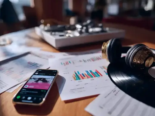 Un smartphone affiche une application musicale, des graphiques et des notes sont étalés sur une table avec un tourne-disque et des écouteurs. Cela évoque la question : c'est quoi les royalties pour les artistes ?