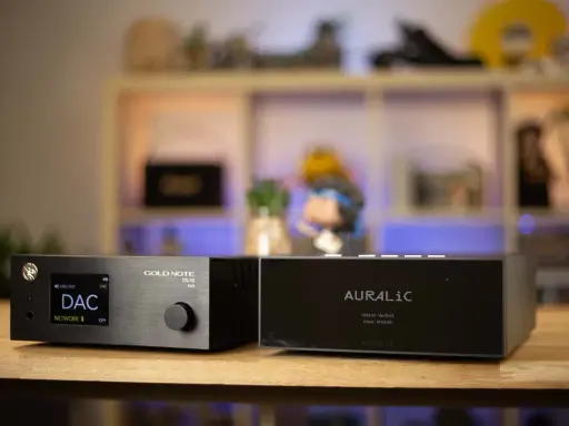 Deux appareils audio haut de gamme, un lecteur Blu-ray audiophile Gold Note DS-10 et un Auralic, sur un bureau.