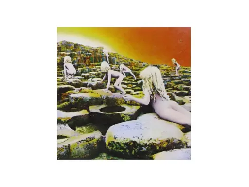 Couverture de Led Zeppelin, Houses of the Holy, avec des enfants nus sur des rochers sous un ciel orangé.
