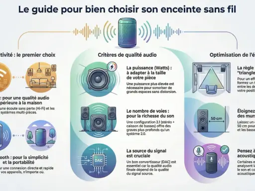 Guide pour bien choisir une enceinte : connectivité, qualité audio (puissance, voies, source), optimisation (triangle d'or, distance des murs, calibration).