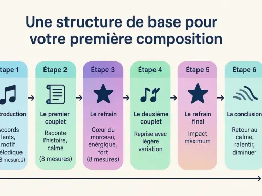 Schéma de la structure d'une musique : introduction, couplets, refrains, puis conclusion. Idéal pour une première composition.