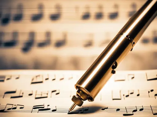 Un stylo doré sur des partitions, prêt à écrire de nouvelles ia paroles chanson.