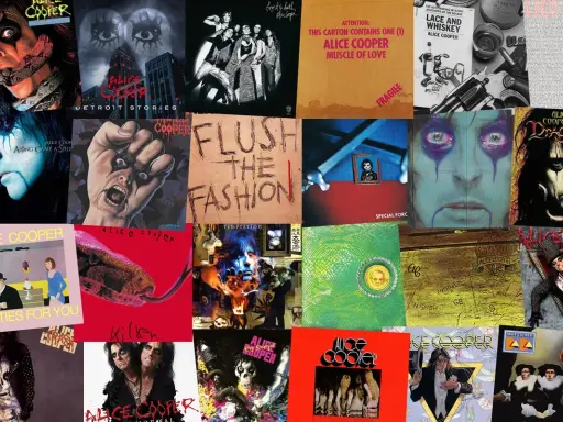 Collage d'albums d'Alice Cooper, montrant diverses pochettes d'albums iconiques.