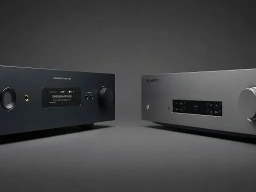 Deux amplis hi-fi, un NAD noir et un Cambridge CXA argenté, côte à côte. Avis sur ampli Cambridge CXA.