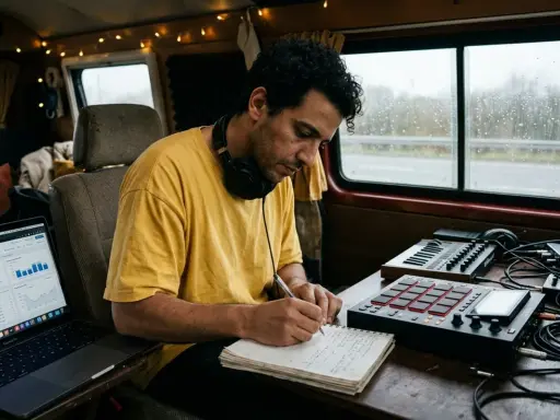 Artiste musicien, concentré sur son carnet, prépare sa demande de subvention artiste musique. Son studio mobile est prêt.