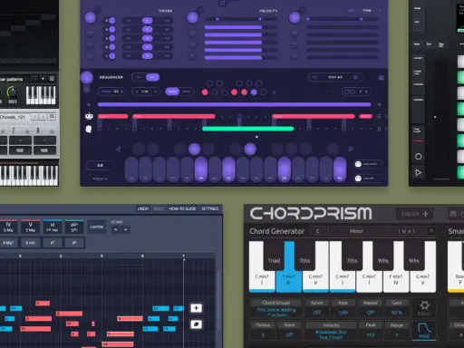 Un tableau de progression d'accord, montrant des séquences musicales et des options de génération d'accords, avec des claviers virtuels et des pads lumineux.
