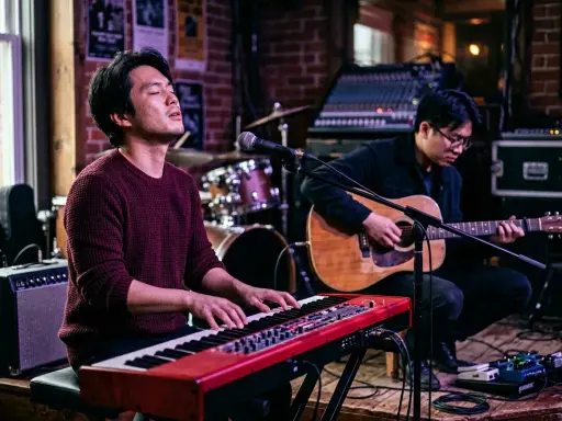 Deux musiciens jouent sur scène. L'un au piano rouge, l'autre à la guitare acoustique. Parfait pour un blog musique.