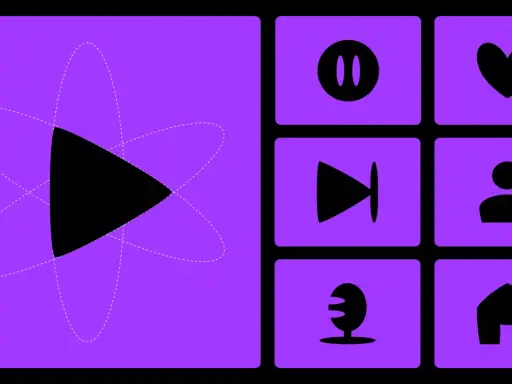 Ensemble d'icônes sur fond violet : un logo de lecture stylisé, pause, cœur, avance rapide, profil, micro et maison. Idées de design pour une application.