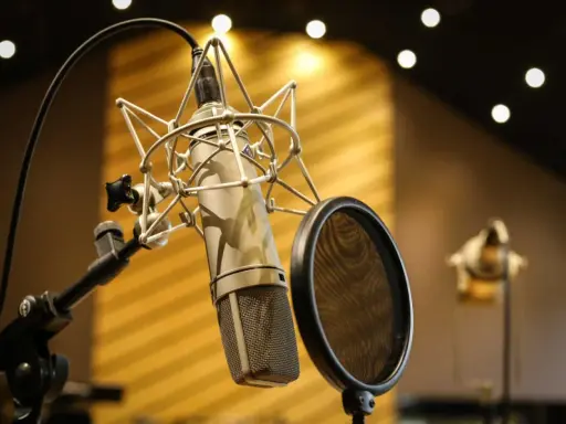 Microphone de studio prêt pour le mixage voix. Un filtre anti-pop est positionné pour une prise de son parfaite.