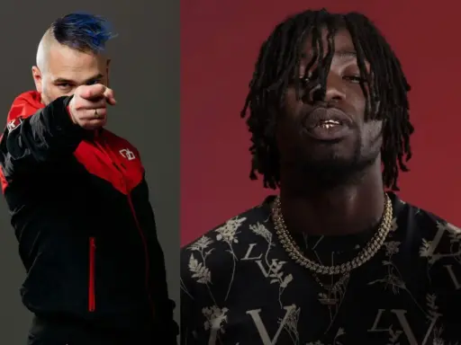 Deux rappeurs, l'un avec une crête bleue, l'autre avec des dreadlocks et des bijoux, posent pour une photo. Combien gagne un chanteur ?