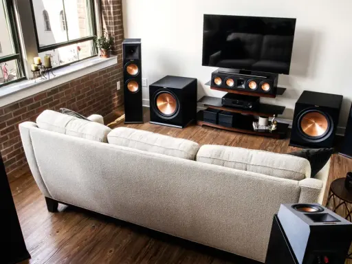 Salon moderne avec canapé clair, TV et système audio Klipsch pour une expérience sonore immersive, que ce soit en PCM ou Dolby Digital.