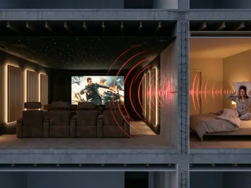 Une salle de cinéma privée avec fauteuils confortables et écran géant. À côté, une personne tente de dormir, dérangée par le bruit. Idéal pour **créer une salle de cinéma chez soi** sans déranger.