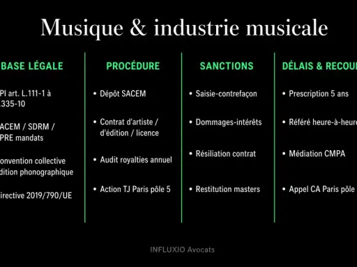 Tableau sur la musique et l'industrie musicale, détaillant base légale, procédure, sanctions et délais pour les royalties.