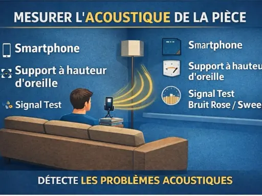 Mesure de l'acoustique d'une pièce avec un smartphone, un support et un test de signal. Optimisez votre expérience audio avec Dirac Audio.
