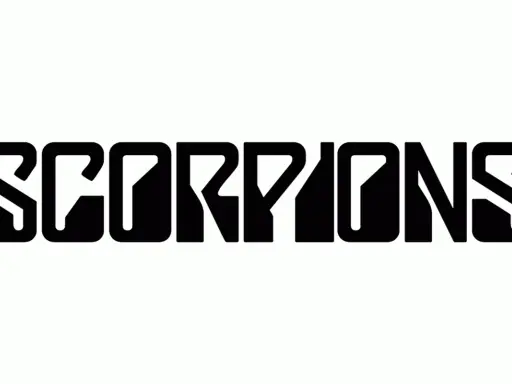 Logo noir du groupe SCORPIONS, avec des lettres stylisées et anguleuses sur fond blanc.