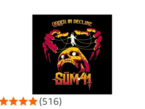 Pochette de l'album "Order in Decline" de Sum 41, avec un crâne jaune et rouge, des mains rouges et une silhouette humaine.