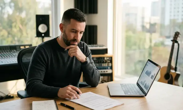Un homme réfléchit à un contrat, entouré d'équipements de studio et d'une guitare. Il prépare le dossier de presse de son groupe de musique.