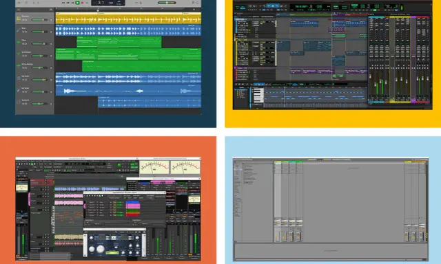 Quatre interfaces de logiciels de production musicale, dont GarageBand, Pro Tools, et Ableton Live. Idéal pour un daw gratuit pour débutant.