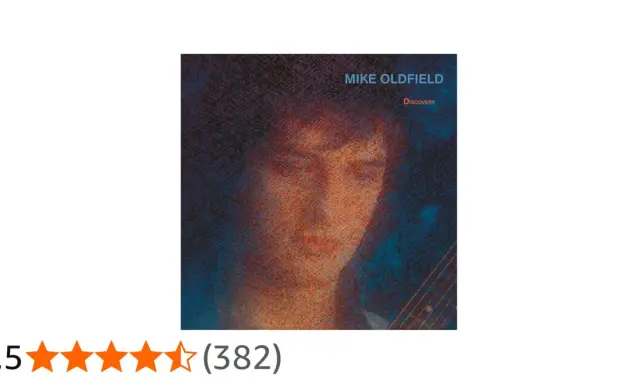 Couverture de l'album "Discovery" de Mike Oldfield, avec un portrait abstrait et des étoiles de notation.