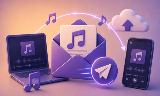 Ordinateur, smartphone, enveloppe et nuage symbolisent l'enregistrement sonore et l'édition musicale, avec des notes de musique flottant.