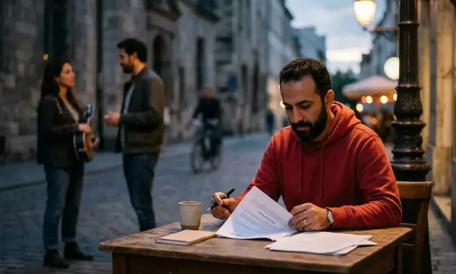 Un homme signe un contrat de distribution musique à une table en extérieur. Au loin, un couple discute, l'un tenant une guitare.