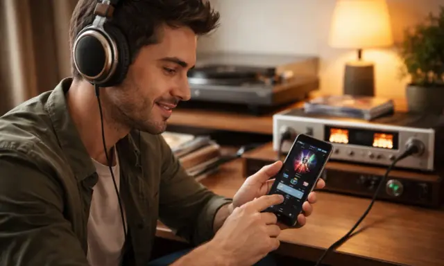 Un homme souriant écoute de la musique avec un casque, naviguant sur son téléphone pour promouvoir sa musique gratuitement.