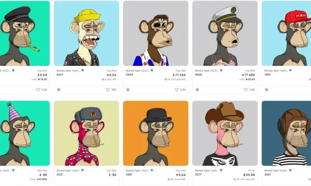 Collection de nft musique : singes Bored Ape Yacht Club aux looks variés, certains avec chapeaux, bijoux ou tenues originales.