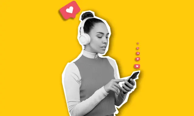 Une jeune influenceuse musique, casque sur les oreilles, navigue sur son téléphone. Des cœurs symbolisant les likes s'envolent.