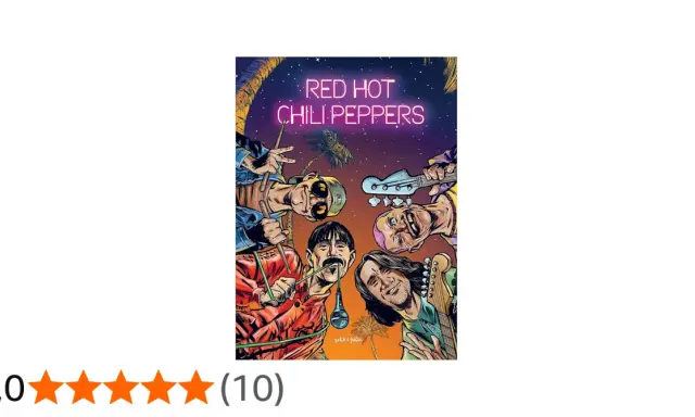 Illustration des Red Hot Chili Peppers, avec le nom du groupe en néon. Les membres sont représentés de manière stylisée, avec des palmiers en arrière-plan.