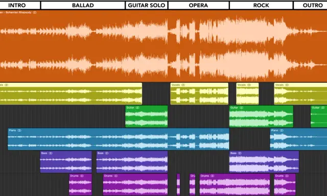 Exemple de structure musicale : découpage des pistes de "Bohemian Rhapsody" (voix, guitare, piano, basse, batterie) par section (intro, ballade, solo, opéra, rock, outro).